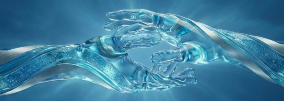 Abstract geometric suggestion of open hands or a receiving vessel extending horizontally, representing connection